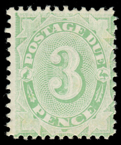 COMMONWEALTH OF AUSTRALIA: Postage Dues: 1906-8 (SG.D48; BW.D52) 3d light green, wmk Crown over single-lined A, MLH. Cat.£700.