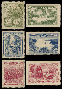 COMMONWEALTH OF AUSTRALIA: Cinderellas: circa 1920 complete set of (6) "PALS" labels depicting scenes in each State: "Mosman's Bay Sydney", "Cutting Sugar Cane Queensland", "A Settler's Home - South Australia", "Apple Harvest - Tasmania", "Coaching in Vic