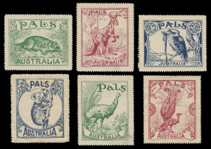 COMMONWEALTH OF AUSTRALIA: Cinderellas: circa 1920 complete set of (6) "PALS" labels depicting Australian native animals, kangaroo, platypus, koala, lyrebird, emu and kookaburra. Mixed condition, some with o.g. 