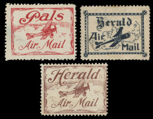 COMMONWEALTH OF AUSTRALIA: Aerophilately & Flight Covers: 1920-22 (AAMC.48a, 51c & 64a) "Herald" airmail labels in brown and blue and the "Pals" airmail label in red. (3). Unused. Cat.$600.