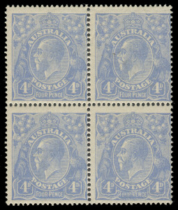 COMMONWEALTH OF AUSTRALIA: KGV Heads - Single Watermark: FOUR PENCE ULTRAMARINE: Plate 2 block of 4 [R5-6/11-12] with "Thin 'FOUR PENCE' advanced deteriorated state",  "White spot in King's hair" and "White flaw projecting from Kangaroo's head" varieties 