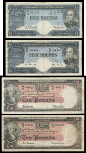 Banknotes - Australia: Pre-Decimal Banknotes: Queen Elizabeth II Coombs/Wilson series comprising 10/- (R16 & 17), £1 (R34b x 2), £5 (R50 x 2) & £10 (R62 & 63). VG/F. Also, £1 Commonwealth Bank (R33) x 2, EF/aUnc. (Total: 10).