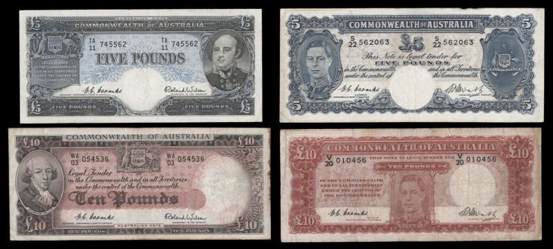 Banknotes - Australia: Pre-Decimal Banknotes: A group of four high denomination banknotes marketed as being from "The Brisbane Budgerigar Hoard", a discovery of approximately 1650 £5 and £10 banknotes found in nine metal boxes in a Brisbane backyard when