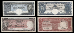 Banknotes - Australia: Pre-Decimal Banknotes: A group of four high denomination banknotes marketed as being from "The Brisbane Budgerigar Hoard", a discovery of approximately 1650 £5 and £10 banknotes found in nine metal boxes in a Brisbane backyard when 