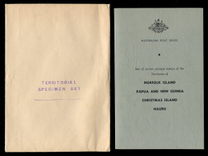 COMMONWEALTH OF AUSTRALIA: General & Miscellaneous: AUSTRALIAN DEPENDENCIES SPECIMEN PACK: A cica 1963 folder containing the then current issues of Christmas Island CTO, Nauru CTO, Norfolk Island CTO & 10/- Bird SPECIMEN and Papua New Guinea CTO & SPECIME