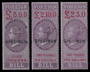 GREAT BRITAIN: Revenues (Great Britain): Revenues (Great Britain): FOREIGN BILL: 1857 (Barefoot 51-69, excl. 61) QV 1d lilac & red - £5 lilac & red (less 7/6) overprinted SPECIMEN and with full o.g. (18) fine & fresh.