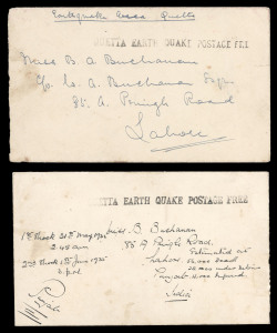 INDIA: 1935 Quetta Earthquake stampless covers sent to Lahore, struck by "Quetta Earth Quake Postage Free" straight-line handtstamp, backstamped by dispatch and arrival c.d.s.'s. (2).