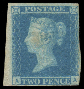 GREAT BRITAIN: 1841 (SG.13) Imperforate, paper more-or-less blued, 2d Pale Blue (with lines) [AA] upper left corner single, with large margins at top and left, close at base and irregular at right, but just clear of design; large part o.g. Cat.£9500.