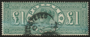 GREAT BRITAIN: 1891 (SG.212) £1 green Queen Victoria, Registered usage with part of the blue defacing crayon mark still visible; otherwise FU. Cat.£800.