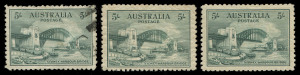 COMMONWEALTH OF AUSTRALIA: Other Pre-Decimals: 1932 5/- Sydney Harbour Bridge: 3 examples, (2 Mint, with minor gum thins; 1 commercially Used).