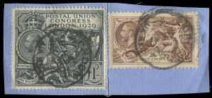 GREAT BRITAIN: 1929 (SG.438) £1 P.U.C. attractively used in combination with a 2/6 Seahorse on small piece with LONDON AIR MAIL  FEB 30 cds's. Cat.£550+.