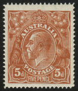 COMMONWEALTH OF AUSTRALIA: KGV Heads - Single Watermark: 5d Chestnut, Single Line perf., superb MUH with jumbo margins all sides and very well centred. A remarkable stamp.