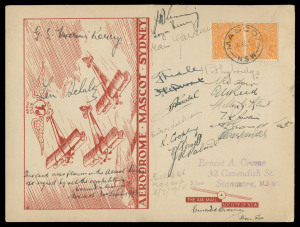 COMMONWEALTH OF AUSTRALIA: Aerophilately & Flight Covers: 30 Sept.1933 (AAMC.331) Mascot Aerial Derby large souvenir postcard signed by all the competing aviators; with official yellow vignette on reverse. [Only 50 prepared]. Signatures include Mrs A. Lee