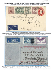 UNITED STATES OF AMERICA - Aerophilately & Flight Covers: MAILS TO HAWAII: 14 June 1937 Sydney - Honolulu cover, franked 4/8, carried by Imperial service to Singapore then Hong Kong then with PAA Clipper service to Manila and Honolulu. Also, 27 July 1937 