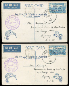 COMMONWEALTH OF AUSTRALIA: Aerophilately & Flight Covers: 17 Feb.1934 (AAMC.361) New Zealand - Australia first official mail carried in the "Faith in Australia", on retained postal cards from the 3rd & 4th Dec.1933 flight, signed by C.T.P. Ulm & G.U. Alle
