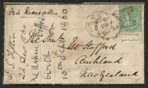 GREAT BRITAIN - Postal History: GREAT BRITAIN - Postal History: 1860 (Dec.24) cover to New Zealand, with a 1/- green (SG.72) single franking with lower margin printed "1 Shilling / per Label", tied by Edinburgh "181" duplex and Auckland unframed cds. Cat.