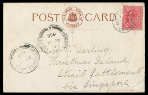 CHRISTMAS ISLAND: 1908 (July 22) Caledonian Railway Company RP postcard from LOCHEARNHEAD, SCOTLAND bearing 1d Edward VII; addressed to "Mr. W.R. Darling, Christmas Island, Straits Settlements via Singapore" with double circle "PENANG TO SINGAPORE AU 14 1