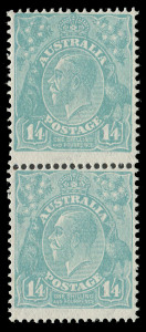 COMMONWEALTH OF AUSTRALIA: KGV Heads - CofA Watermark: 1/4 Greenish-Blue, fresh vertical pair. MUH. (2); upper unit with variety "Flattened cross of crown". Cat.$750 (+ variety).