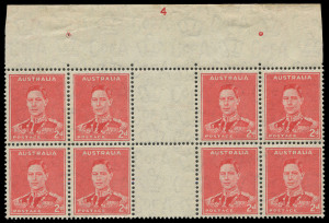 COMMONWEALTH OF AUSTRALIA: Other Pre-Decimals: 1938 (SG.184) 2d Scarlet KGVI (Die II) interpanneau gutter block (8) showing the complete Plate No.4 accompanied by 2 perf guide pips; BW:188zc. Very fine, hinged in selvedge only. MUH. Cat.$2500.