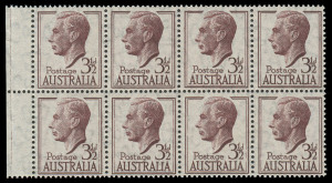 COMMONWEALTH OF AUSTRALIA: Other Pre-Decimals: 1951 (SG.247 var.) 3½d Brown-purple KGVI, left marginal block (8) on THIN PAPER; Superb MUH. BW.253a - $800.