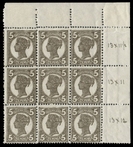 QUEENSLAND: June 1911 (SG.306; BW:Q38b) 5d Deep Brown, comb perf.13x11 to 12½ with irregular vertical gauge: upper right corner block (8**,1*) showing vertical gauges of 11½, 11 & 12 se-tenant on rows 1 to 3. Interesting positional piece. BW.Cat.$1125 for