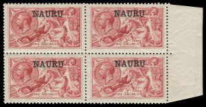 NAURU: 1916-23 Overprints on Great Britain Seahorses 5/- bright carmine (SG 22) marginal block of 4, the two right-hand units with variety Broken Left Foot of 'A', upper units lightly mounted, lower units unmounted, Cat £400++ (as mounted singles). A very