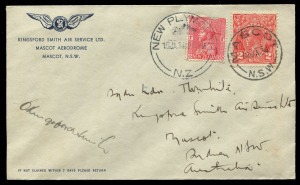 COMMONWEALTH OF AUSTRALIA: Aerophilately & Flight Covers: 13 Jan. 1934 (AAMC.350) Mascot - New Plymouth Kingsford Smith Air Services cover with KGV 2d tied by 'MASCOT/NSW' cds & NZ 1d tied by 'NEW PLYMOUTH' cds on arrival, signed by the pilot "C Kingsford
