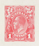 COMMONWEALTH OF AUSTRALIA: KGV Essays & Proofs: THE PERKINS BACON DIE PROOFS: State 2 die proof with a field of horizontal lines behind the King's head, in bright red on highly glazed thin card (118x82mm) endorsed at top "Received 19 2 14" & at base "Seco - 2