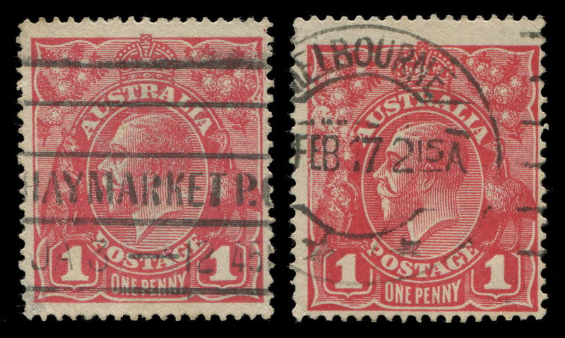 COMMONWEALTH OF AUSTRALIA: KGV Heads - Single Watermark: ONE PENNY RED COMB PERF SMOOTH PAPER: 1d carmine-red Rusted (Pre-Substituted) Clichés [34-35] in rose BW #71K(2)j & k (SG 21ca shade), Haymarket (NSW) or Melbourne machine cancellations largely clea