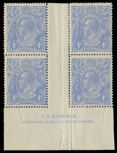 COMMONWEALTH OF AUSTRALIA: KGV Heads - Single Watermark: FOUR PENCE BLUE HARRISON PLATES: Plate 2: 4d ultramarine block of 4 with Harrison Two-Line Imprint BW #113(4)z, the right-hand pair separated including through the margin at base & rejoined, "suntan