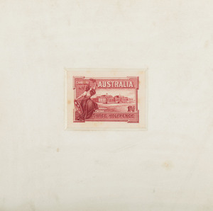 COMMONWEALTH OF AUSTRALIA: Other Pre-Decimals: "SPECIMEN" DIE PROOF 1½d Canberra die proof in carmine-red, imperforate and recessed in a thick card mount.