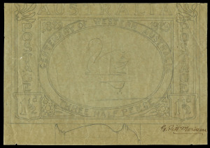 COMMONWEALTH OF AUSTRALIA: Other Pre-Decimals: PRELIMINARY ARTWORK: 1929 1½d Swan, Artist's sketch in pencil on tracing paper (245x171mm) of the approved design, signed in ink "G Pitt Morison" at lower-right BW #138ES(1), minor wrinkles & a small repaired