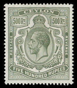 CEYLON: 1912-25 MCA 500r dull green (SG 322), rich colour with no surface-rubbing, exceptional centring (which is almost a miracle with high value Keyplates), very lightly mounted, Cat £8500. A gem!