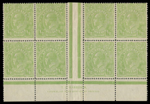 COMMONWEALTH OF AUSTRALIA: KGV Heads - Single Watermark: HALFPENNY GREEN COMB PERF: Electro 6 "Cyprus" green TS Harrison Two-Line Imprint ('Stop after 'PRINTER.') block of (8) BW:63H(6)za with Retouches to Neckless Emu [L53] & Crack through King's Ear [L5