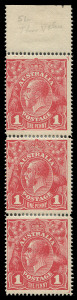 COMMONWEALTH OF AUSTRALIA: KGV Heads - Single Watermark: ONE PENNY RED SINGLE-LINE PERF: Plate 4, Thin 'ONE PENNY' BW: 70(4)l, being the last unit in a vertical strip of 3 [2/8/14], perfs reinforced, also the same variety with WA cds of 28SE14 clear of th