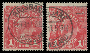 COMMONWEALTH OF AUSTRALIA: KGV Heads - Single Watermark: ONE PENNY RED COMB PERF SMOOTH PAPER: Plate 2 Rusted (Pre-Substituted Clichés) BW: 71(2)j & k, the latter is superb; both with Brisbane machine cancels, Cat $1500+. [Unit 35] with Simon Dunkerley Ce