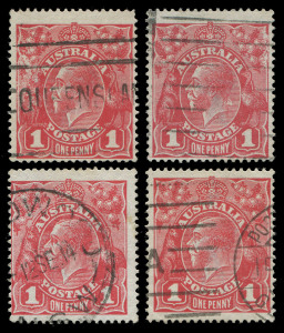 COMMONWEALTH OF AUSTRALIA: KGV Heads - Single Watermark: ONE PENNY RED COMB PERF SMOOTH PAPER: Plate 2 Rusted (Pre-Substituted Clichés) BW: 71(2)j & k "reconstructed block" including the units below with Thin 'G' & Pregnant 'Y BW: 71(2)l & m, various canc