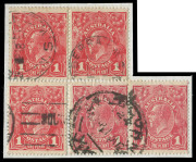 COMMONWEALTH OF AUSTRALIA: KGV Heads - Single Watermark: ONE PENNY RED COMB PERF SMOOTH PAPER: Plate 2 Rusted (Pre-Substituted Clichés) BW: 71(2)j & k "reconstructed block" including the units below with Thin 'G' & Pregnant 'Y' (in pair with normal) BW: 7