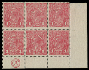 COMMONWEALTH OF AUSTRALIA: KGV Heads - Single Watermark: ONE PENNY RED COMB PERF ROUGH PAPER: Plate 1, carmine-rose G74 'CA' Monogram Substituted for 'JBC'  corner block of 6 (3x2) BW: 72Q(1)zd, well centred, split/rejoined perfs including rejoining of th