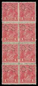 COMMONWEALTH OF AUSTRALIA: KGV Heads - Single Watermark: ONE PENNY RED COMB PERF ROUGH PAPER: Plate 3, perf 'OS' block of 8 [R3-4/21-22], the second-last unit with Dot before '1' at Right BW: 72bb(3)m, the four central units with Double Perfs on Three Sid