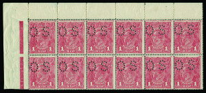 COMMONWEALTH OF AUSTRALIA: KGV Heads - Single Watermark: ONE PENNY RED COMB PERF ROUGH PAPER: 1d brownish red G75 punctured 'OS', BW: 72Nbb marginal block of 12 [L1-6/7-12] from Plate 3, Strong Compartment Lines especially at the left & top of all six upp