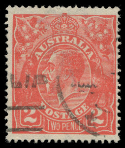 COMMONWEALTH OF AUSTRALIA: KGV Heads - Single Watermark: TWO PENCE SCARLET: Electro 8, Major Cracked Electro through Wattles at Upper-Left, BW: 96(8)ha, FU with cancel well clear of the variety, Cat $400.