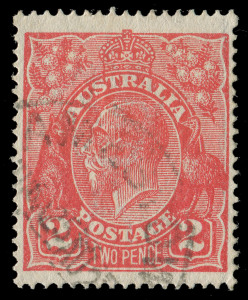 COMMONWEALTH OF AUSTRALIA: KGV Heads - Single Watermark: TWO PENCE SCARLET: Electro 14, Retouched Face BW: 96(14)e, well centred, lightly cancelled, FU. Cat $400. A very fine example of this dramatic variety.