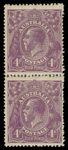 COMMONWEALTH OF AUSTRALIA: KGV Heads - Single Watermark: FOUR PENCE VIOLET: Plate 2 vertical pair [R6/12] with Thin 'FOUR PENCE' Early State variety to the lower unit (MUH), and "White spot in king's hair" to the upper unit (MVLH). BW: 111(2)p & r. Cat.$9