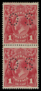 COMMONWEALTH OF AUSTRALIA: KGV Heads - Large Multiple Watermark: ONE PENNY RED HARRISON PRINTINGS: 1d deep carmine (aniline) G108 punctured 'OS' BW #74Eb vertical pair, well centred, the lower unit with two horizontal creases that are not apparent from th