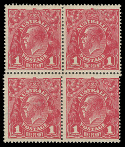 COMMONWEALTH OF AUSTRALIA: KGV Heads - Large Multiple Watermark: ONE PENNY RED HARRISON PRINTINGS: Plate 4, block of (4) [L53-54/59-60] with Ferns and 'RA' of 'AUSTRALIA' Joined. BW:74(4)ia & j, Cat $730+.Provenance: The Arthur Gray Collection.