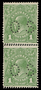 COMMONWEALTH OF AUSTRALIA: KGV Heads - Small Multiple Watermark Perf 13½ x 12½: 1d Green Plate 1 Die II punctured 'OS' vertical pair BW:81(1)i with Double Perforations BW:81b, unmounted, Cat $1000++.