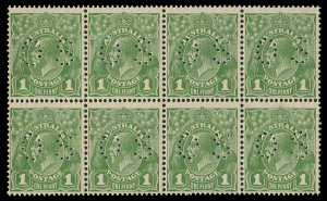 COMMONWEALTH OF AUSTRALIA: KGV Heads - Small Multiple Watermark Perf 13½ x 12½: ONE PENNY GREEN: Plate 1, block of (8) [R49-52/55-58] punctured 'OS' comprising four Die I-II pairs BW:81(1)ic, one Die 1 unit with a hinge remainder, otherwise unmounted, Cat