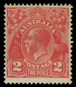 COMMONWEALTH OF AUSTRALIA: KGV Heads - Small Multiple Watermark Perf 13½ x 12½: TWO PENCE SCARLET: 2d with No Watermark BW #102aa, well centred, a couple of small defects & the gum glazed, Cat $4000.