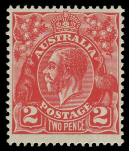 COMMONWEALTH OF AUSTRALIA: KGV Heads - Small Multiple Watermark Perf 13½ x 12½: TWO PENCE SCARLET: 2d with No Watermark BW:102aa, well centred, superb MUH, Cat $6000. (SG.99ab).